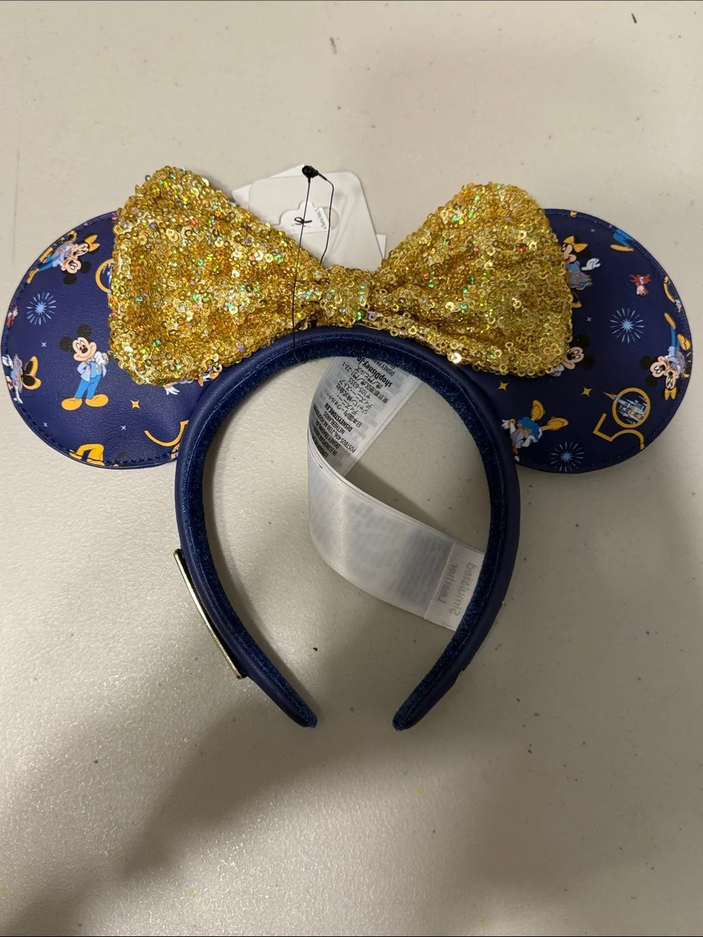 Disney Gold Sequin Bow with Navy Mickey Ears Headband